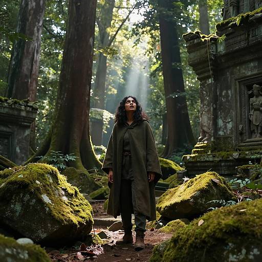 Photograph of a curly-haired woman in a dark green cloak standing in a sunlit, mossy forest with ancient, weathered stone ruins. Sun