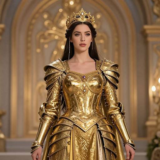 Photograph of a fair-skinned woman with dark hair, wearing a gold, ornate medieval-style armor dress and crown, standing in an opulent