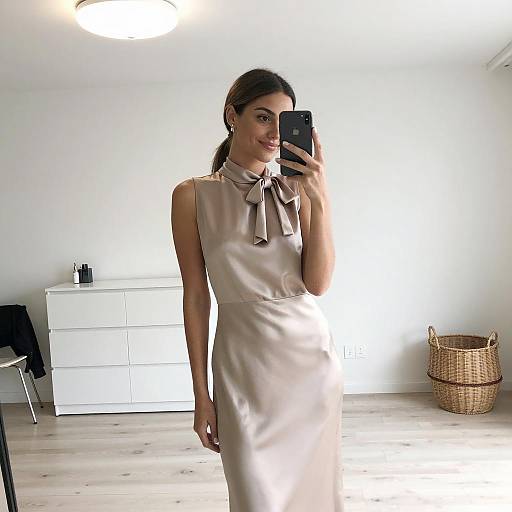 Woman in Beige Silky Dress Taking Selfie