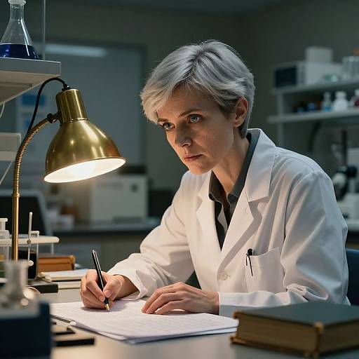 Photograph of a focused, silver-haired scientist in a white lab coat, writing in a notebook under a brass lamp in a dimly lit laboratory.
