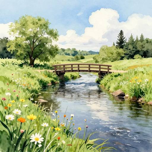 Digital painting of a sunny, vibrant meadow with a wooden bridge over a reflective, flowing stream, surrounded by colorful wildflowers and lush greenery.