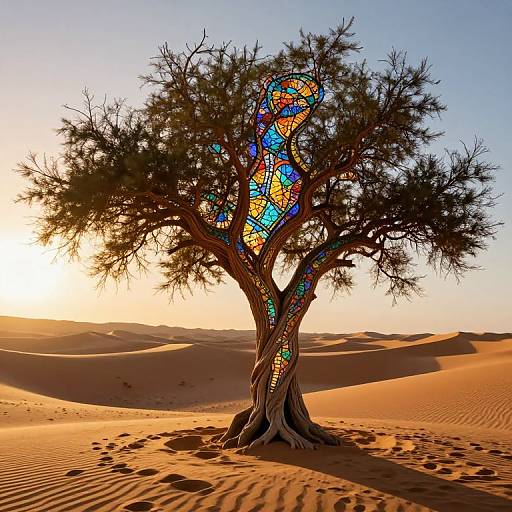 Photograph of a tree with colorful, stained-glass-like patterns in its branches, standing in a sunlit, golden desert with rolling sand dunes