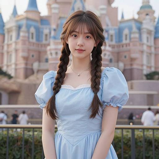 Young Asian woman with long brown braids, wearing a light blue puffed-sleeve dress, standing in front of a colorful Disney castle. Photograph