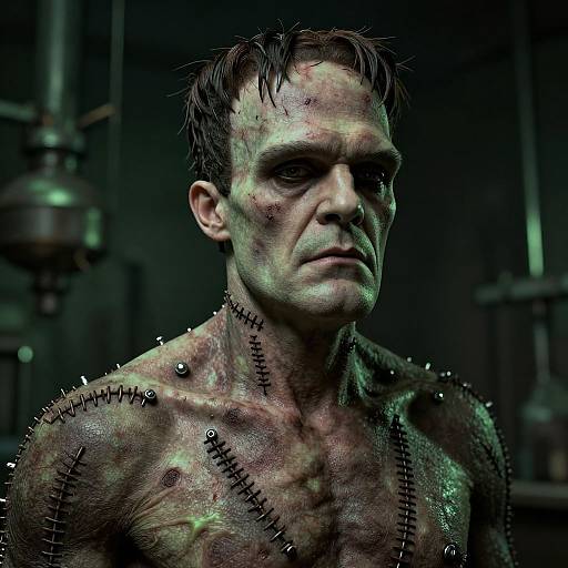 CGI image of a muscular, shirtless man with stitched skin, dark hair, and eerie green lighting, in a dark industrial setting.
