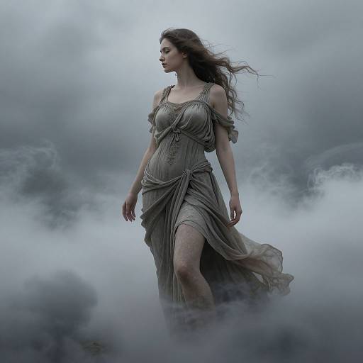 Photograph-style digital art of a fair-skinned woman with long, flowing brown hair wearing a gray, off-shoulder, flowing dress, standing
