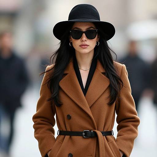 Photograph of a stylish woman with long black hair, wearing a black wide-brim hat, dark sunglasses, brown wool coat, black belt, and