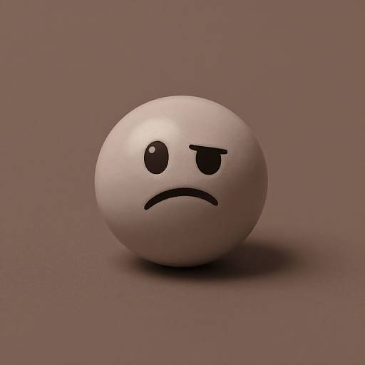 Photograph of a white, glossy egg with a sad, frowning face against a solid brown background, casting a soft shadow.