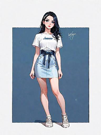 Casual Woman in White T-shirt and Blue Pencil Skirt