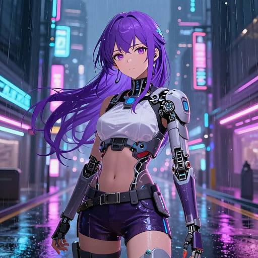 Purple-Haired Cyberpunk Anime Scene