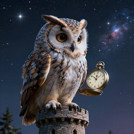 Photorealistic CGI of a large, detailed owl with yellow eyes, holding an antique clock, perched on a medieval tower at night under a star