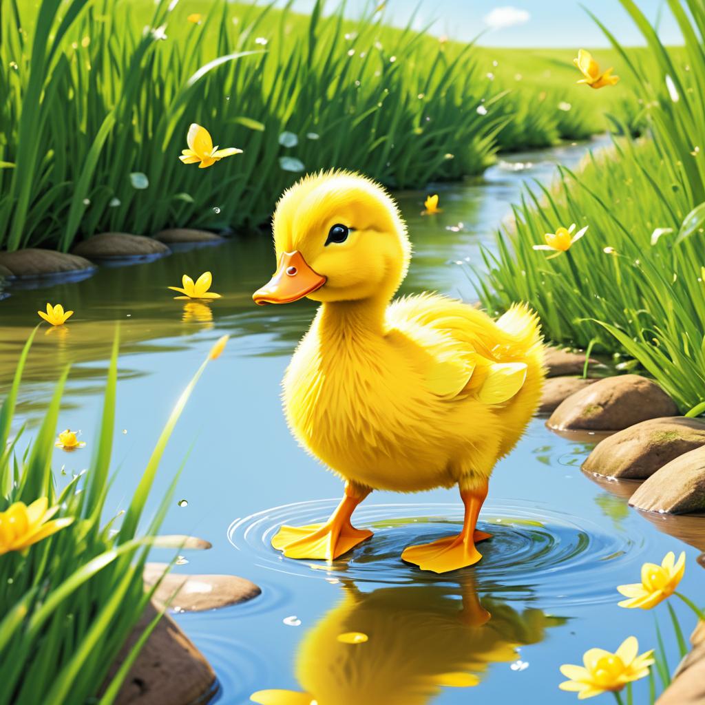 Cheerful Duckling Chasing Butterflies Illustration