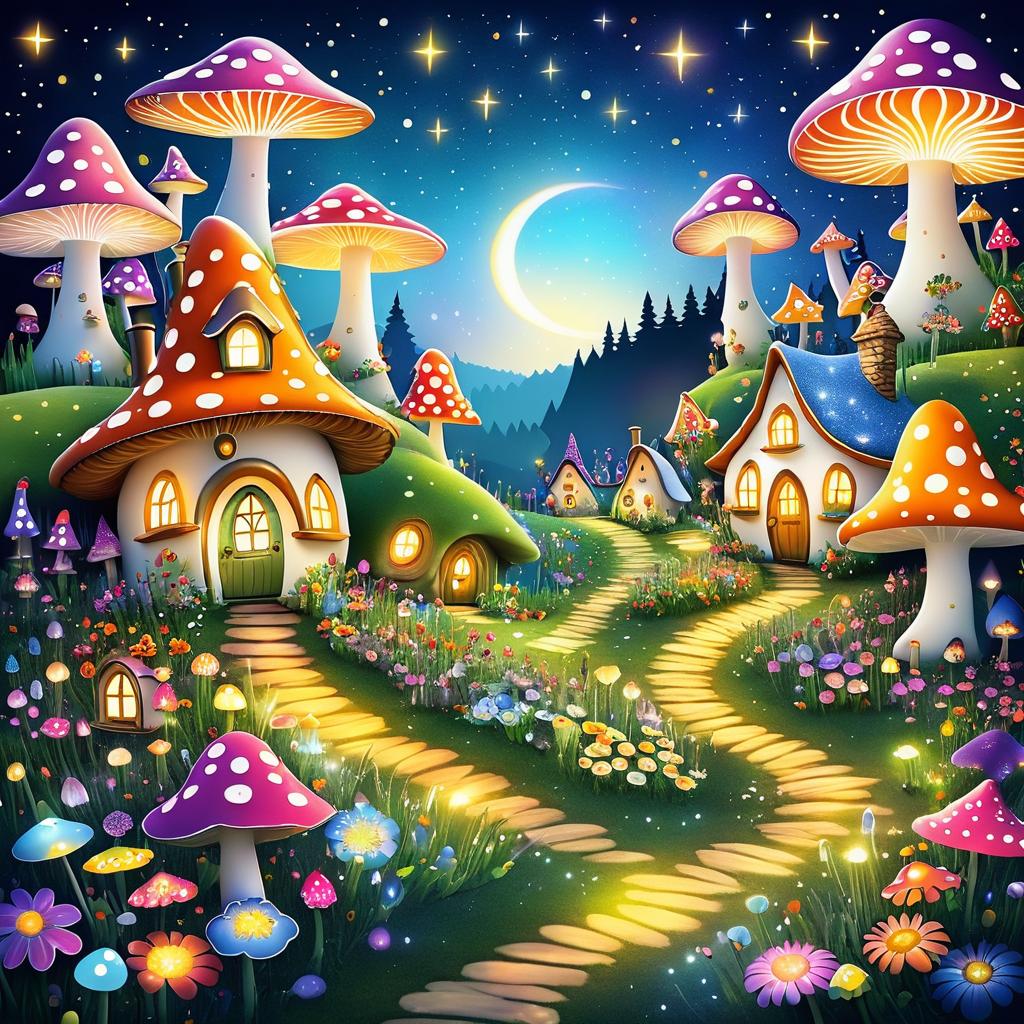 Whimsical Mushroom Village Under Stars