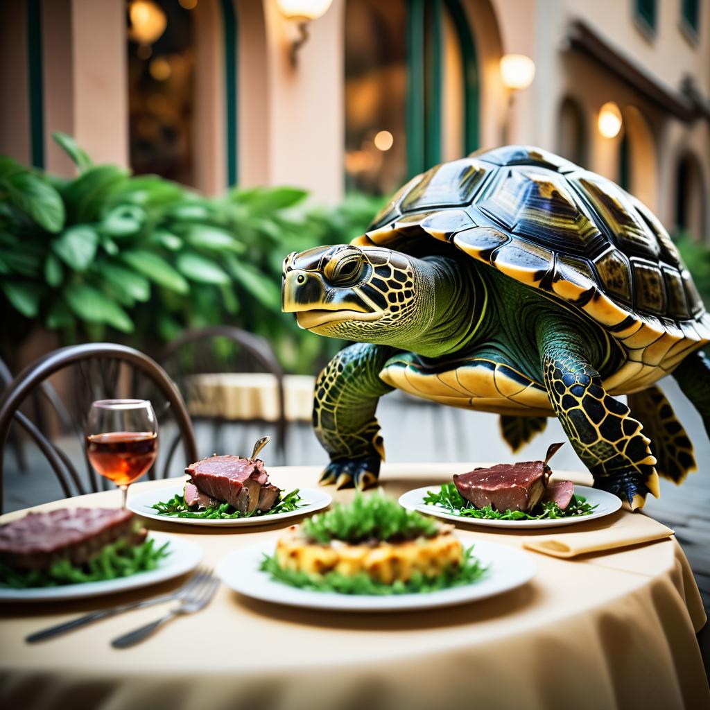 Whimsical Turtle Dining at Italian Restaurant