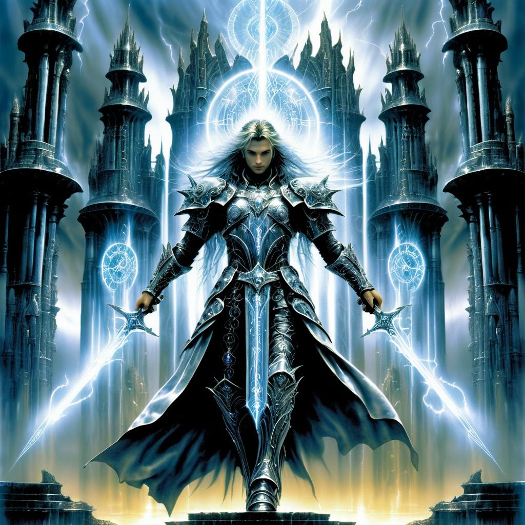 Cybernetic Sorcerer Amidst Ruined Temple