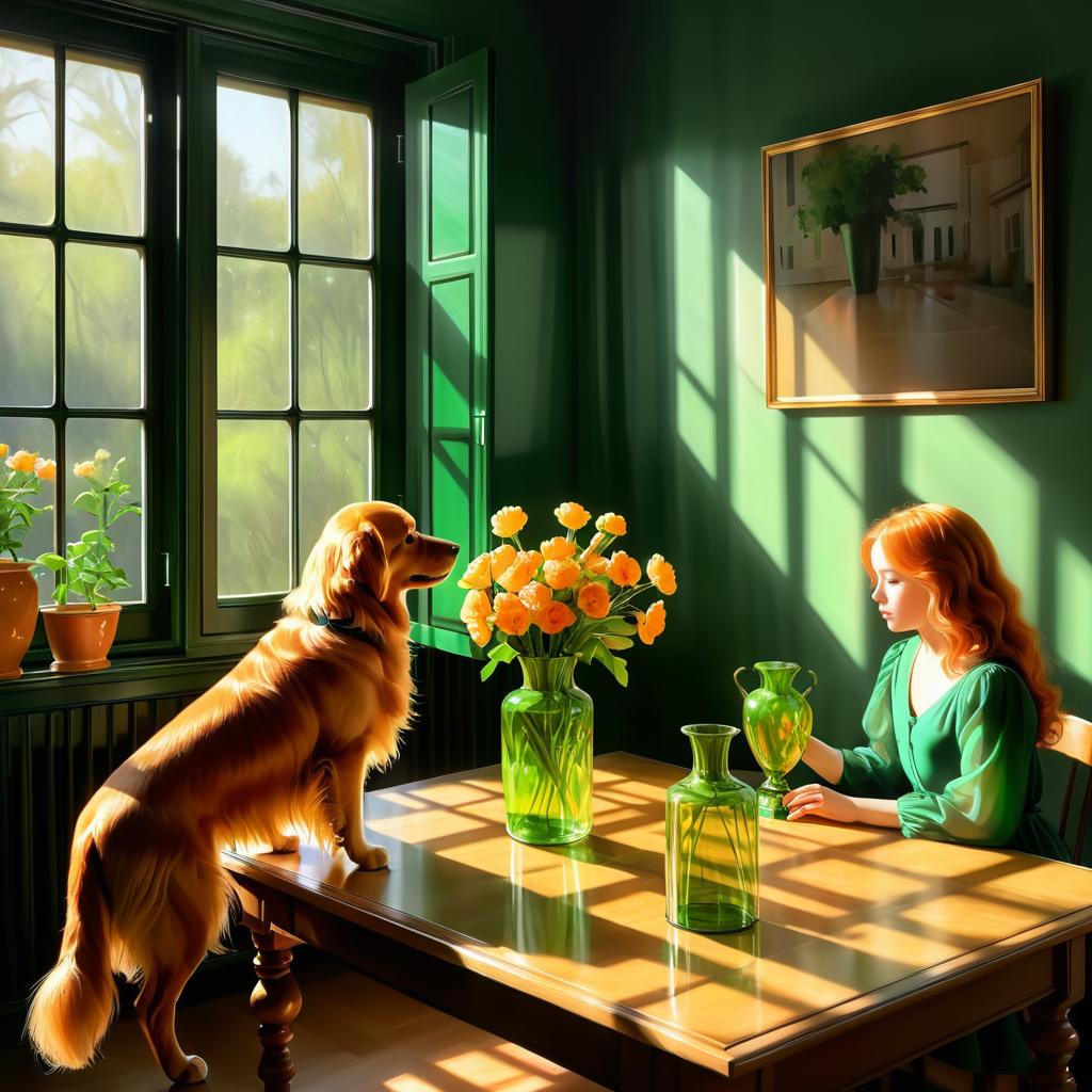 Sunlit Room with Girl and Dog