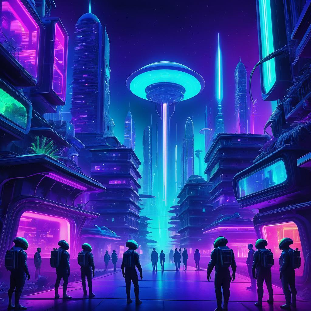 Alien Diplomats in a Neon Cityscape