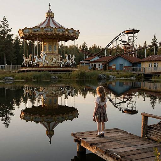 Photograph: Young girl in plaid dress stands on wooden dock, gazing at ornate carousel with white horses reflected in calm lake at sunset.