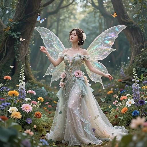 Photograph of a fairy-like woman with iridescent wings, wearing a sparkling, floral gown, standing in a vibrant, enchanted forest filled with colorful