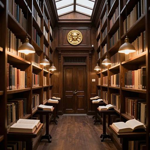 Dimly Lit Wooden Library Corridor