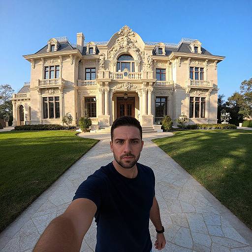 Photograph of a bearded man with short dark hair taking a selfie in front of an ornate, beige, two-story mansion with detailed architecture and