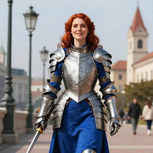 Woman in Armor with Red Hair and Blue Dress