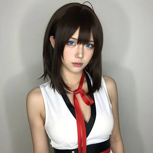 Digital artwork of a young woman with blue eyes, black shoulder-length hair, wearing a white sleeveless top with a red ribbon and black collar. Plain