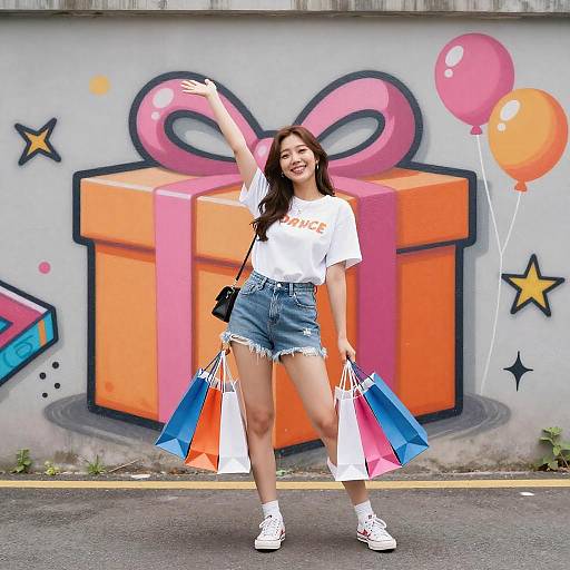 Happy Korean Woman with Shopping Bags and Graffiti Background