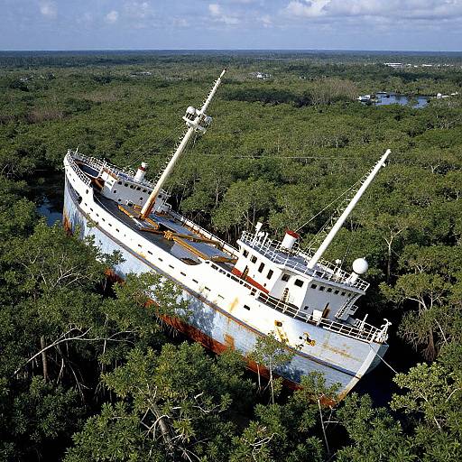 Aerial photograph of a rusted, white, two-mast ship partially submerged in dense, green mangrove forest under a blue sky.