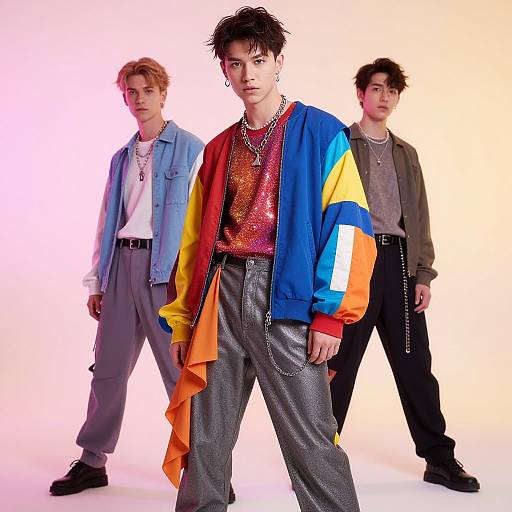 Photograph of three young men in vibrant, eclectic clothing; central figure in colorful jacket, silver shirt, and chain; flanked by two in casual