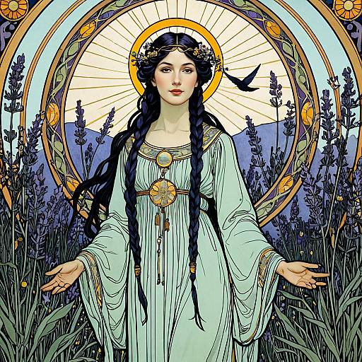 Melancholic Priestess Among Lavender Blooms