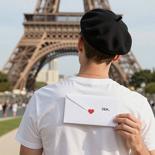 Photograph of a man in a black beret and white t-shirt, seen from behind, holding a letter with a red heart and 