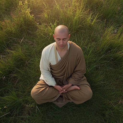 Photograph of a bald Buddhist monk in brown and white robes, sitting cross-legged in a grassy field, hands in meditation position, sunlight filtering through