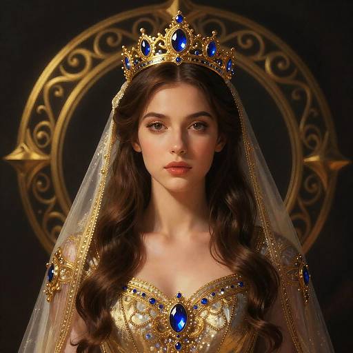 Regal Woman in Gold and Blue Crown with Veil