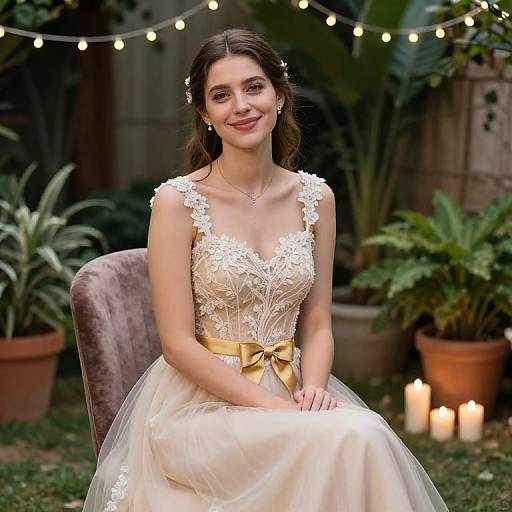 Photograph of a smiling young woman with fair skin and dark hair, wearing a lace-embellished, ivory wedding dress with a golden belt,