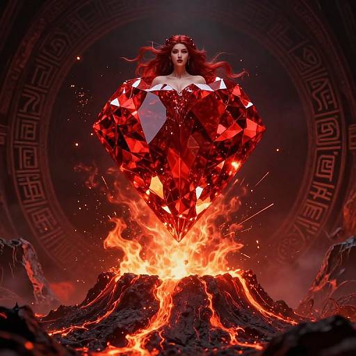 Digital art of a fiery red-haired woman with crystalline armor standing on a volcanic mountain, surrounded by flames, in a dark, circular, patterned