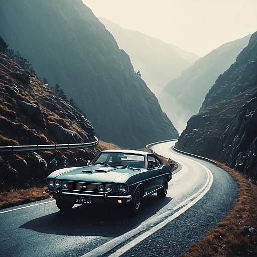 Vintage Car in Misty Mountain Pass