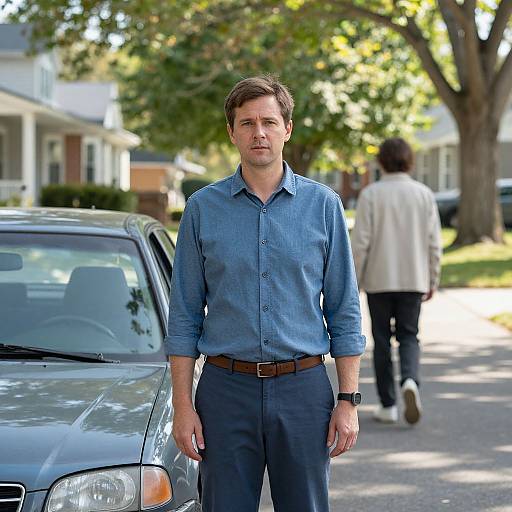Photograph of a handsome, light-skinned man in a blue button-down shirt and dark pants, standing on a suburban street with a gray car and