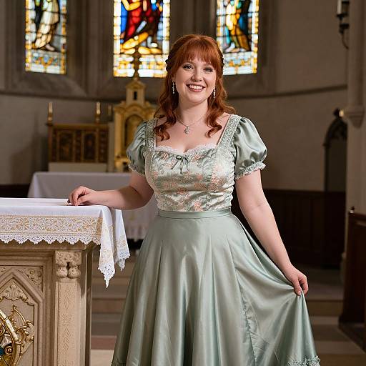 Photograph of a smiling, fair-skinned redhead woman in a pale green, Victorian-style satin dress, standing in a church with colorful stained glass windows