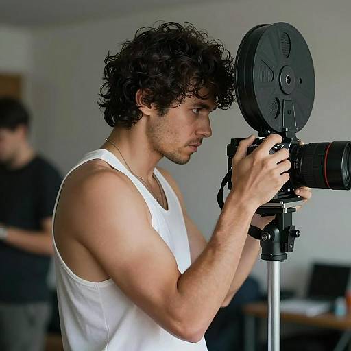 Focused Photographer With Film Camera