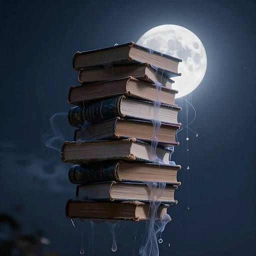 Photograph of a stack of old books with wisps of smoke, floating against a dark sky with a full, bright moon.