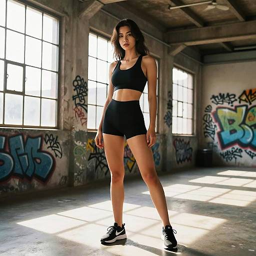 Photograph of a fit young woman with dark curly hair, wearing a black sports bra and shorts, standing in a sunlit, graffiti-covered, abandoned