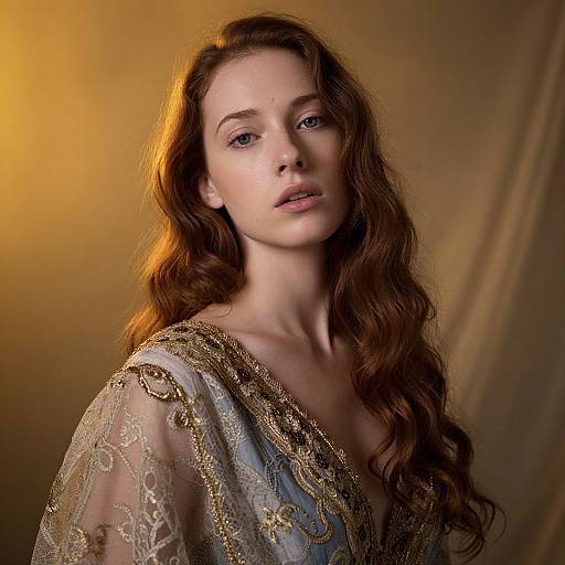 Photograph of a beautiful, fair-skinned woman with long, wavy auburn hair, wearing an ornate, sheer, gold-emb