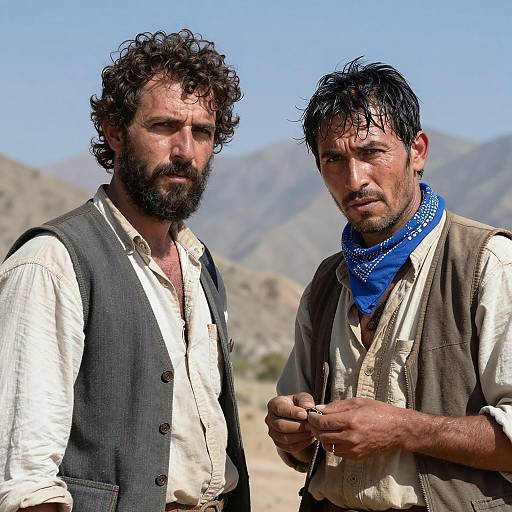 Two Men in Rustic Clothing with Mountain Background