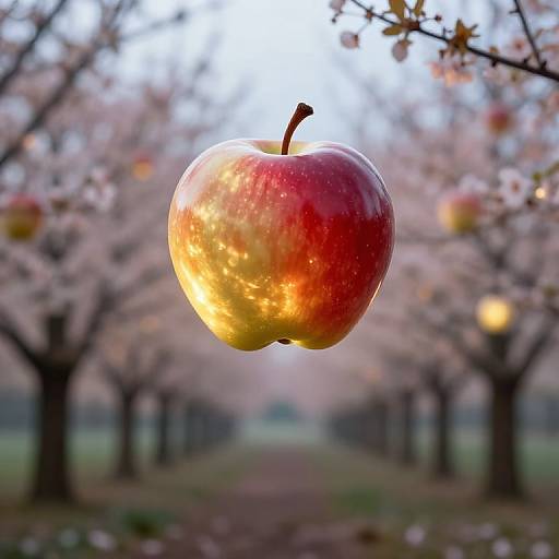 Photograph of a vibrant, glossy red apple with golden highlights, suspended in mid-air against a blurred orchard backdrop of cherry blossoms in soft pink