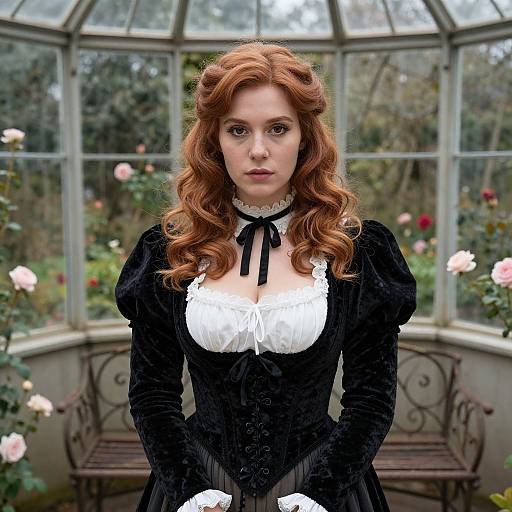 Photograph of a red-haired woman in Victorian-style black dress with white ruffled blouse, standing in a glass greenhouse with blooming roses in the background