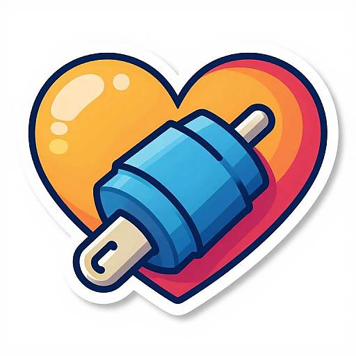 Digital cartoon illustration of a blue electrical plug inserted into a red and orange heart, with bold outlines and vibrant colors.