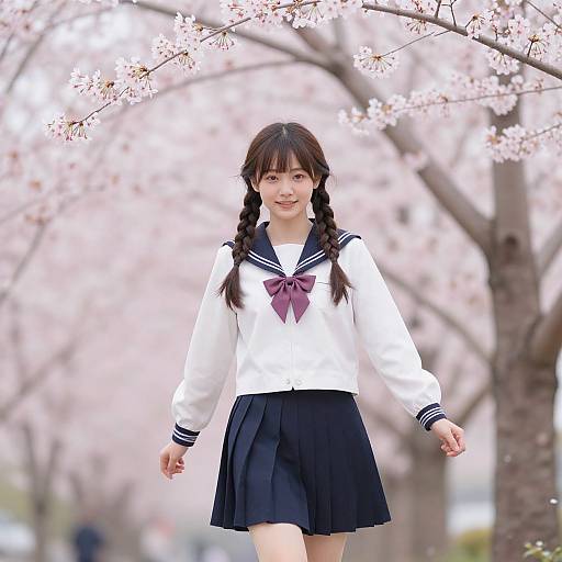 Photograph of a smiling Japanese schoolgirl with braided hair, wearing a white sailor uniform with purple ribbon, black skirt, standing under blooming cherry