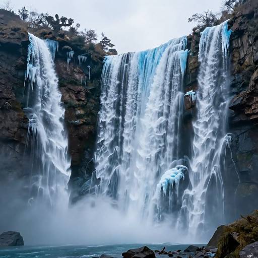 Photograph of a powerful waterfall cascading down a dark, rocky cliff, with icy blue highlights, surrounded by mist and sparse trees.