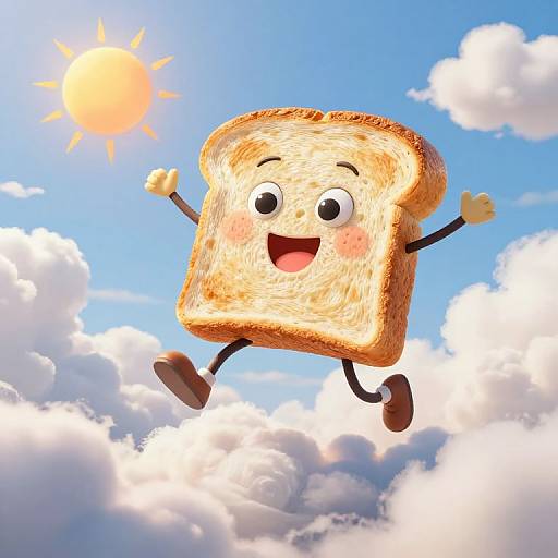 CGI cartoon of a cheerful, anthropomorphic slice of toast with arms and legs, smiling with wide eyes, jumping in a bright blue sky with fluffy