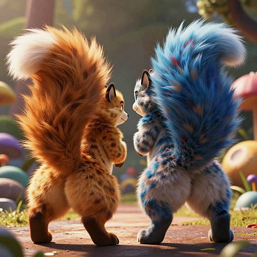 Photorealistic digital art of two fluffy, anthropomorphic foxes with large, vibrant tails facing each other in a colorful, sunlit forest path.